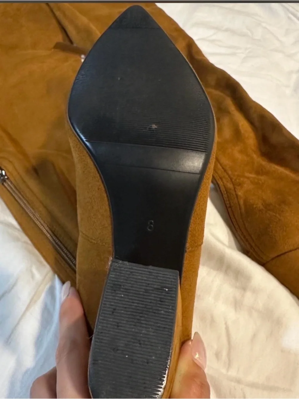 Over-the-Knee Pointed Toe Suede Boots in Cognac, size 8